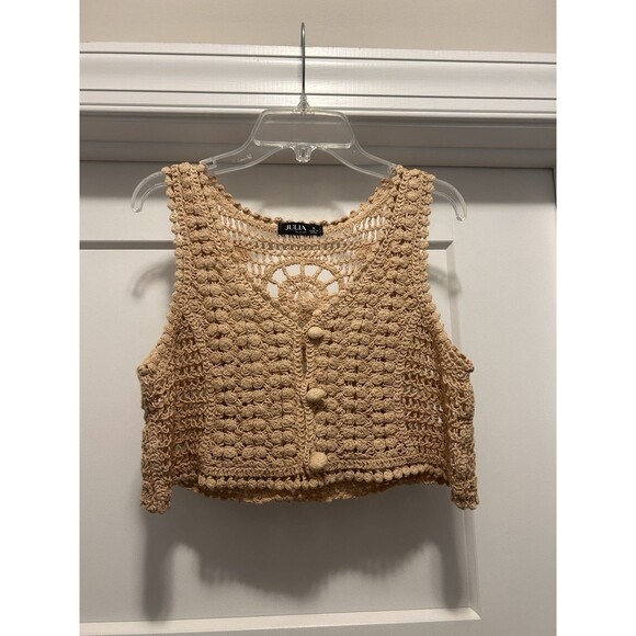 Julia By Love Beige Crochet Cropped Vest Shirt Tank Size Small Fairy Cottage - Picture 1 of 6